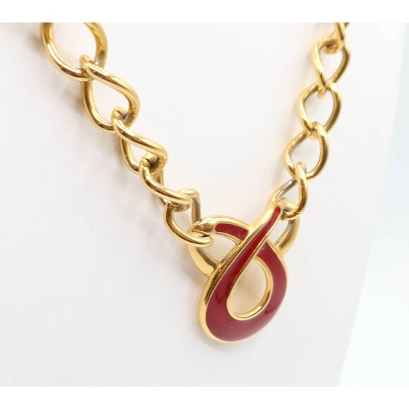 NAPIER Vintage Red Enamel Gold Tone Chain Pendant Necklace Chunky Swirl Knot 23" - Picture 3 of 12